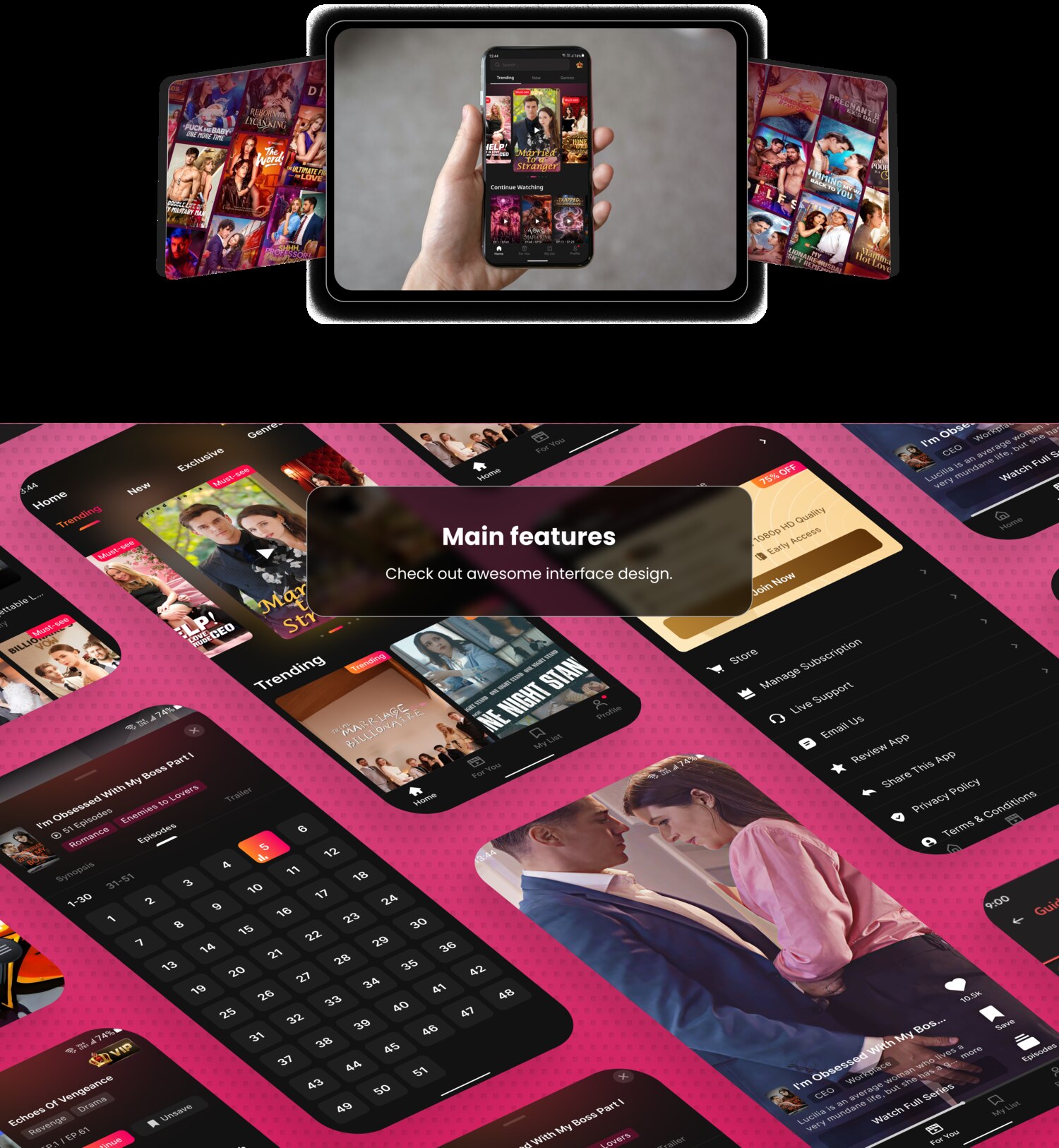 DramaTales interface design across multiple screens